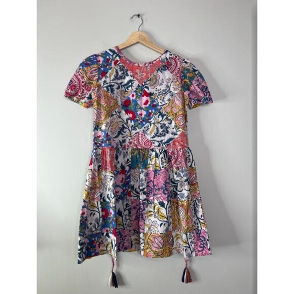 NEW Alix Of Bohemia Mila Patchwork Round Neck Tie Mini Dress Multi Color Size XS - Picture 2 of 8